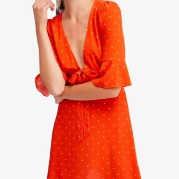 Free People All Yours Orange Yellow Polka Dot Statement Sleeve Tie Dress Size 10 - Picture 1 of 6